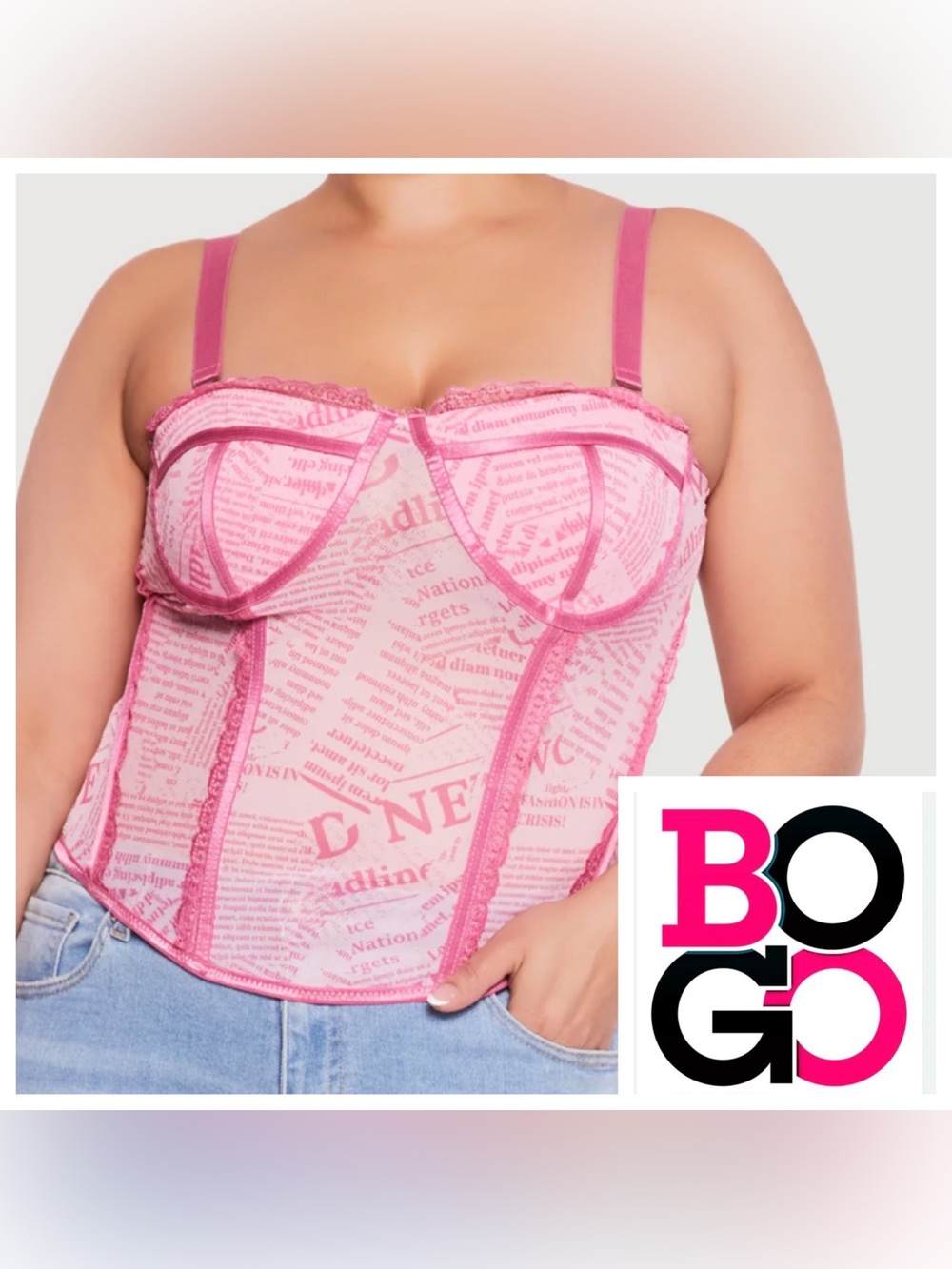 OPPA! pink newspaper-print bustier corset top Plus size 1X NWT